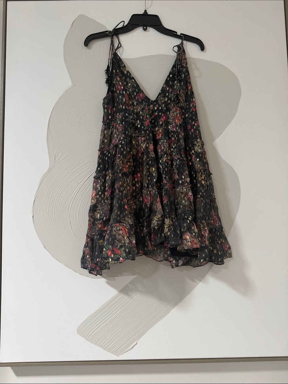 Rococo Sand Floral Black Tiered V-Neck Mini Dress
